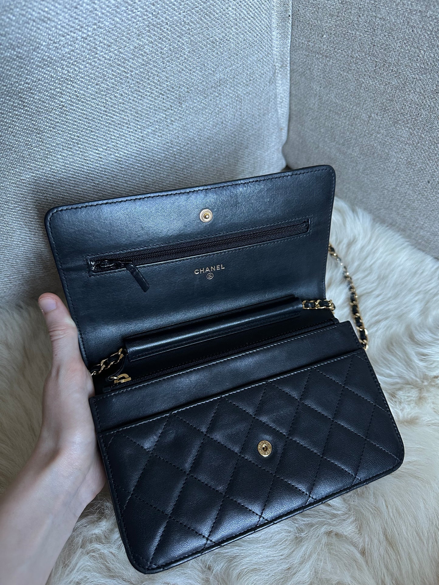CHANEL WALLET ON CHAIN BLACK AND GOLD